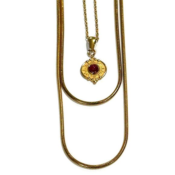 Tarnish Resistant Multilayer 2 Necklaces Adjustable Gold Red Natural Stone Charm - Picture 2 of 8